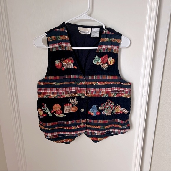 Vintage Patchwork Autumn Button Vest Medium M Apples Pumpkins Fall - Picture 1 of 7